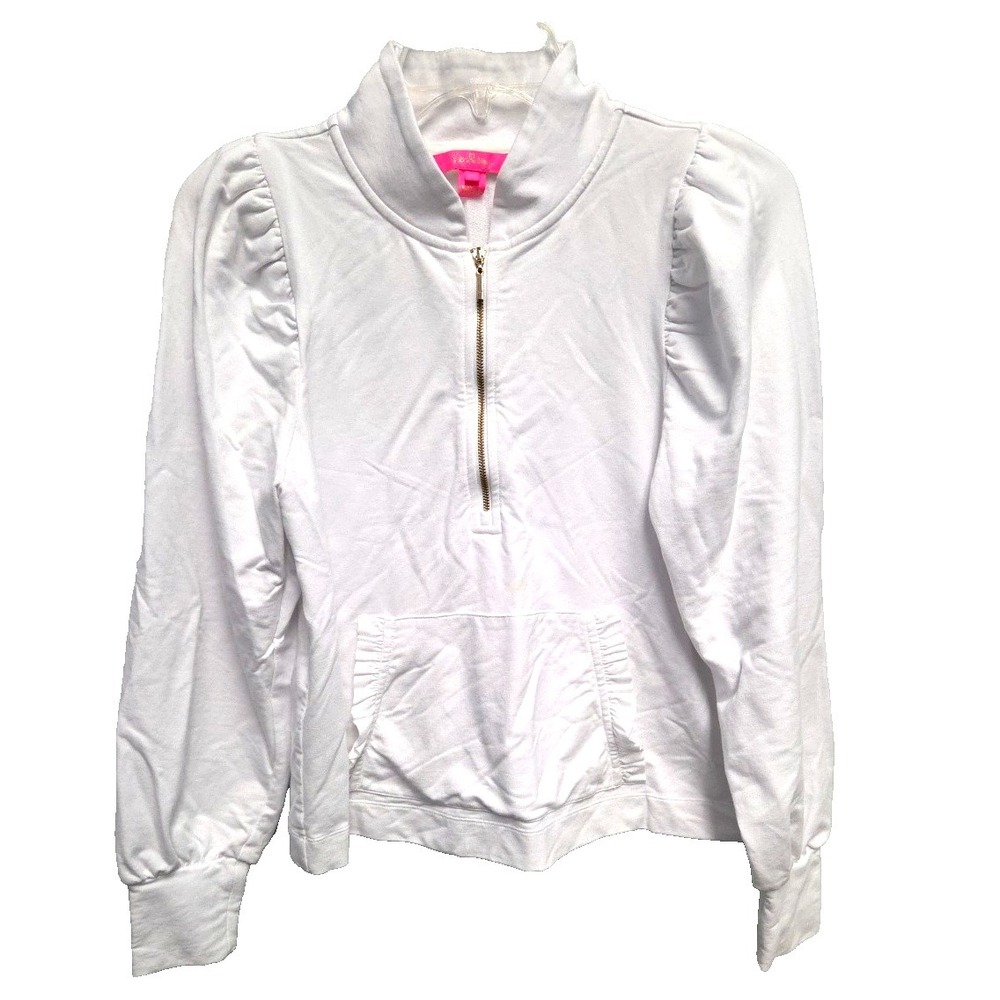 Lilly Pulitzer 1/2 Zip‎ High Neck Small Pullover Top Ruffles Kangaroo Pocket Wht